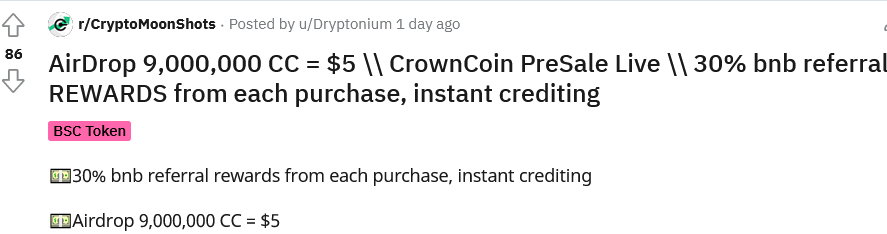 a typical r/CryptoMoonShots scam