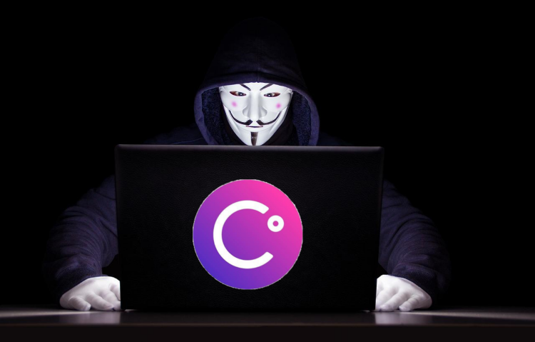hacker with Celsius logo on laptop