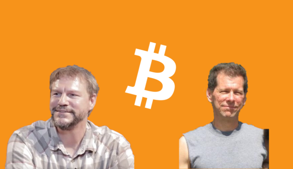 Nick Szabo and Hal Finney with Bitcoin logo