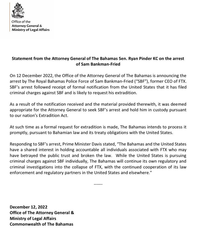 Bahamian government statement about arresting SBF
