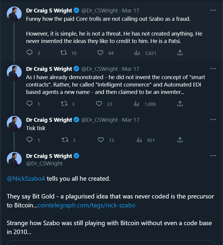 Craig Wright falsely discrediting Nick Szabo