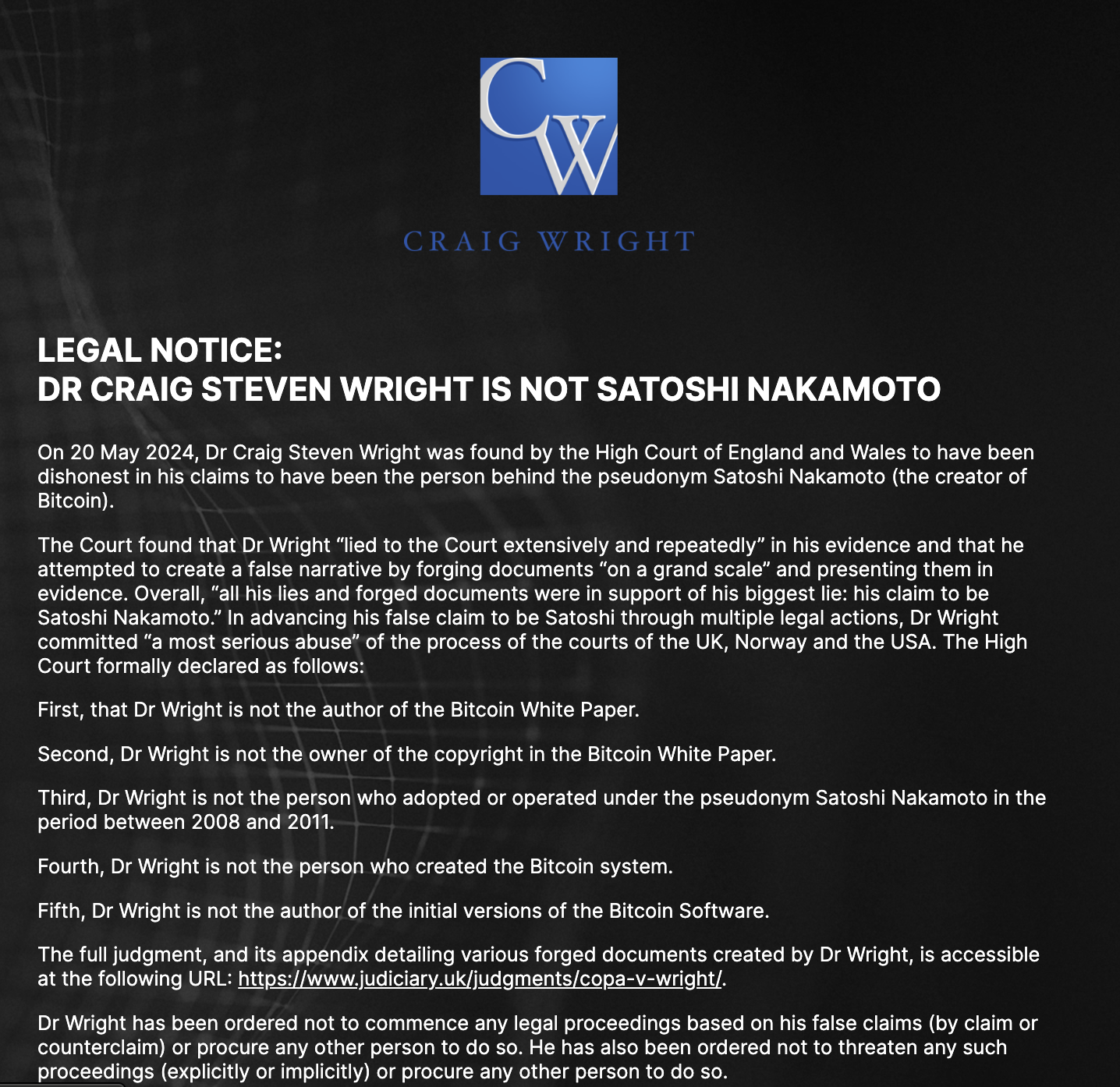 Craig Wright admitting he is not Satoshi