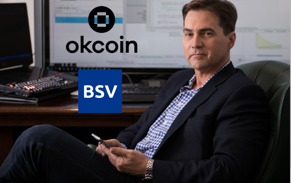 Craig Wright with Okcoin and BSV logos