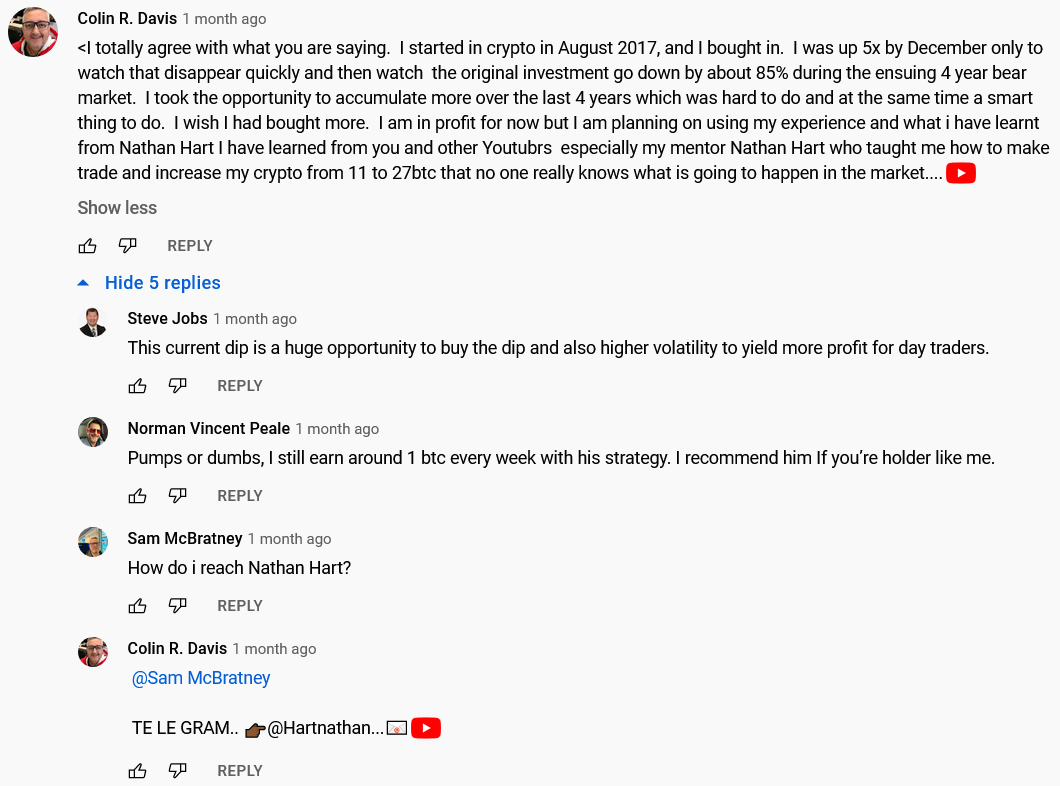 A YouTube crypto comment scam