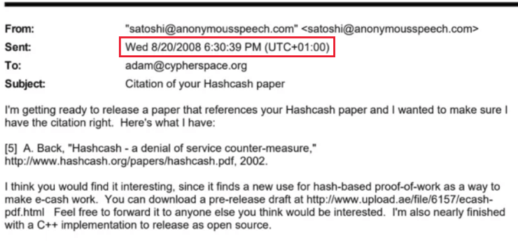 Satoshi's first email to Adam Back