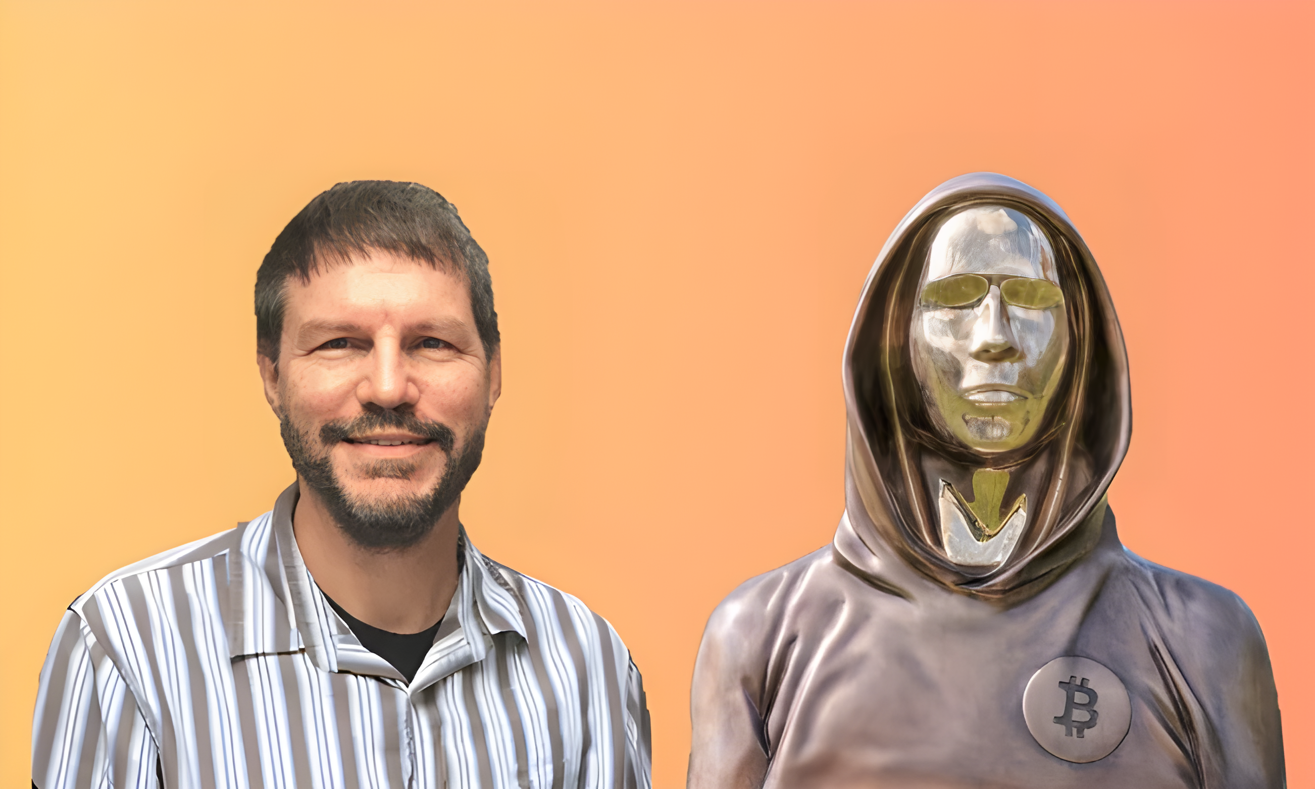 Nick Szabo with Satoshi Nakamoto statue