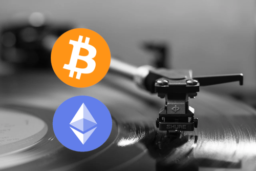 Bitcoin and Ethereum next to turntable